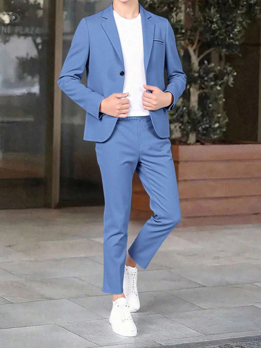 SHEIN 2pcs Tween Boy Summer Casual School Gentleman Cute Solid Color Suit Jacket & Elastic Waist Formal Trouser Set, Suitable For Birthday Party, Ceremony, Performance, Wedding, Boys Blue Suit Set, Boy Blue Suit, Toddler Boy Suit, Boys Light Blue Suit,In Fall/Winter