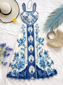 Soleia Women's Fashion Vacation Casual All-Over Print Spaghetti Strap Dress Women Vacation Dress Boho Summer Dress Women Blue And White Dress Women Carnival, - Blue and White - View 6