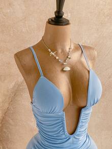 Soleia 可调节肩带性感深V褶皱露背波西米亚热带风情优雅迷你连衣裙，适合返校、度假、海滩、婚礼宾客、毕业典礼、早午餐、圣帕特里克节、春假、复活节、音乐节等场合。 - 淺藍色 - 查看 6