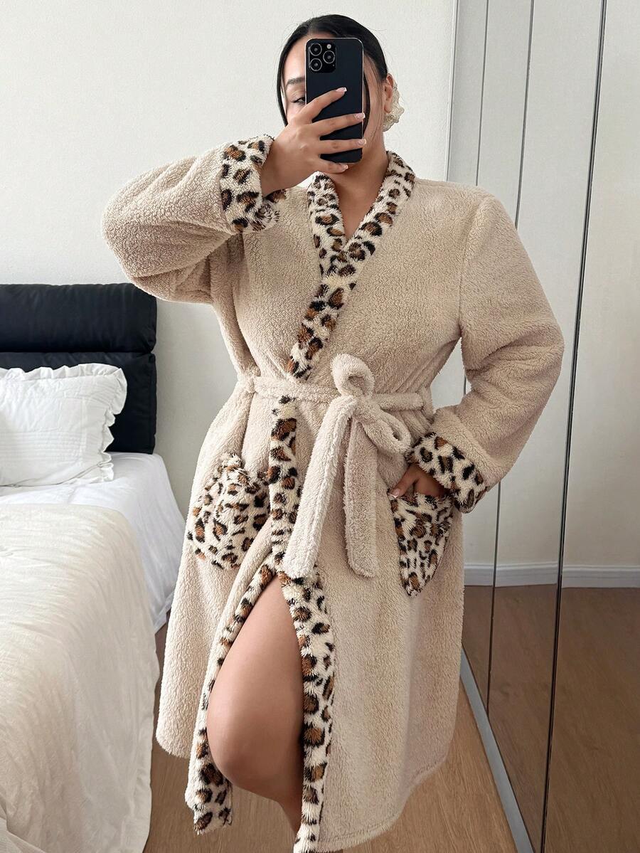 Dream Adore 加大码女士豹纹拼接珊瑚绒浴袍，加厚浴袍，蓬松猎豹纹浴袍，冬季 - 彩色 - 查看 1