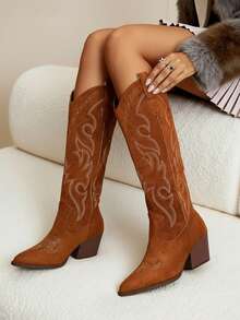 Daringsoles 新款复古刺绣粗跟防滑西部靴，拼接及膝尖头马靴，女式，秋冬