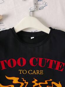 SHEIN HOT STUFF Young Girl Casual Everyday Commute Funny Cartoon Letter Graphic Short Sleeve Black T-Shirt - White - View 4