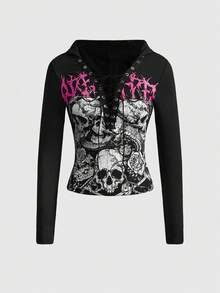 ROMWE Grunge Punk 朋克风女式街头骷髅印花荷叶边系带深V领T恤 - 黑色 - 查看 1