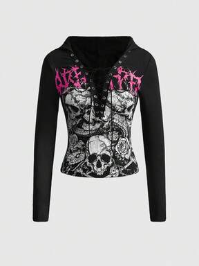 Grunge Punk Punk Style Women's Street Skull Print With Ruffle Tie Front Deep V-Neck T-Shirt