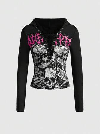 Grunge Punk Camiseta de mujer con cuello en V profundo, estampado de calavera y volantes con lazo al frente, estilo punk