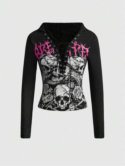 Grunge Punk Camiseta de mujer con cuello en V profundo, estampado de calavera y volantes con lazo al frente, estilo punk
