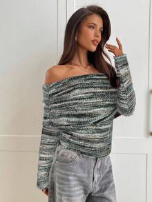 Aloruh Women's Sexy & Elegant Off Shoulder Ruched Fitted Long Sleeve Knit T-Shirt - Multicolor - View 5