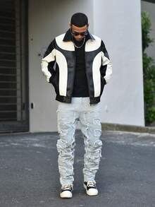 Devon Thys Men Two Tone Zip Up PU Leather Jacket, For Fall Winter - Black and White - View 6