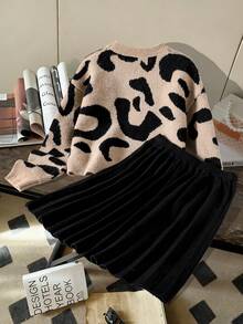 Sparklyn Girls Sweater & Pleated Skirt Set, Suitable For Halloween, Christmas, Holiday Matching, Cute Academic Style, Versatile All-Match Outfit Black Midi Skirt Pleated Skirt Black Cute Light Brown Sweater Cheetah Print Long Sleeve Top Leopard Print Sweater