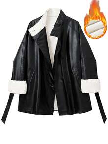 INAWLY Women's Fashionable Versatile Thick PU Jacket, Winter - Black - View 5