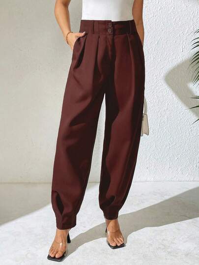 Xyvia Women's Elegant High Waist Double Button Decor Pleated Straight Leg Pants, Casual Suit Pants For Spring & Autumn
