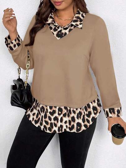 EMERY ROSE Plus Size Women Casual Printed 2 In 1 Shirt Fall