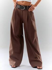 Glamine Quần dài thường ngày bằng cotton hữu cơ màu nâu dành cho nữ có thắt lưng đen, quần dài công sở thanh lịch màu nâu dành cho nữ - Cà phê nâu - Xem 4