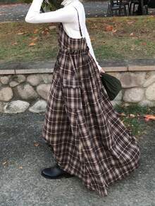 FRIFUL 女士休闲日常通勤学院风印花拉链前开襟纸袋腰吊带中长连衣裙，春夏秋季连衣裙