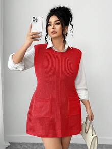 Elenzga 大码女式宽松针织圆领休闲无袖毛衣背心，带大口袋，纯色，秋冬款 - 紅色 - 查看 5