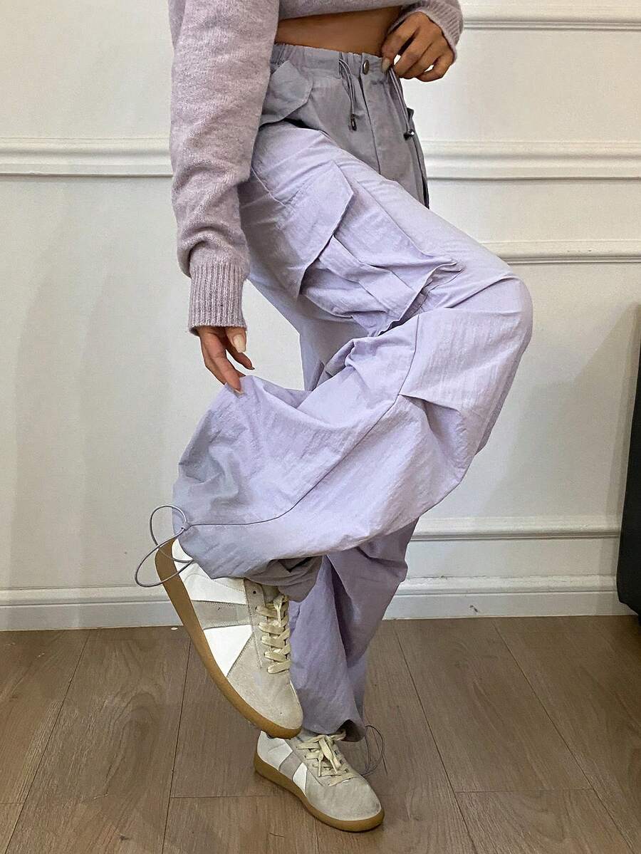 DAZY 女士扎染修身工装裤，宽松口袋阔腿褶裥休闲裤 - 紫色 - 查看 1