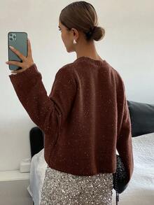 Livesso Women's Casual Sequin Crew Neck Sweater, Autumn - Coffee Brown - View 2