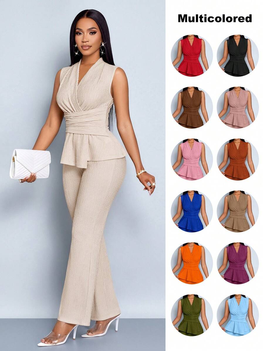 SOLERSUN Bộ đồ hai mảnh áo phông dài tay cổ chữ V thanh lịch màu mơ cho nữ, quần ống rộng, viền bất đối xứng, trang phục thường ngày không tay tay ngắn cho nữ mùa xuân và mùa hè, trang phục công sở cho phụ nữ, phong cách công sở giản dị cổ điển - Màu be - Xem 1