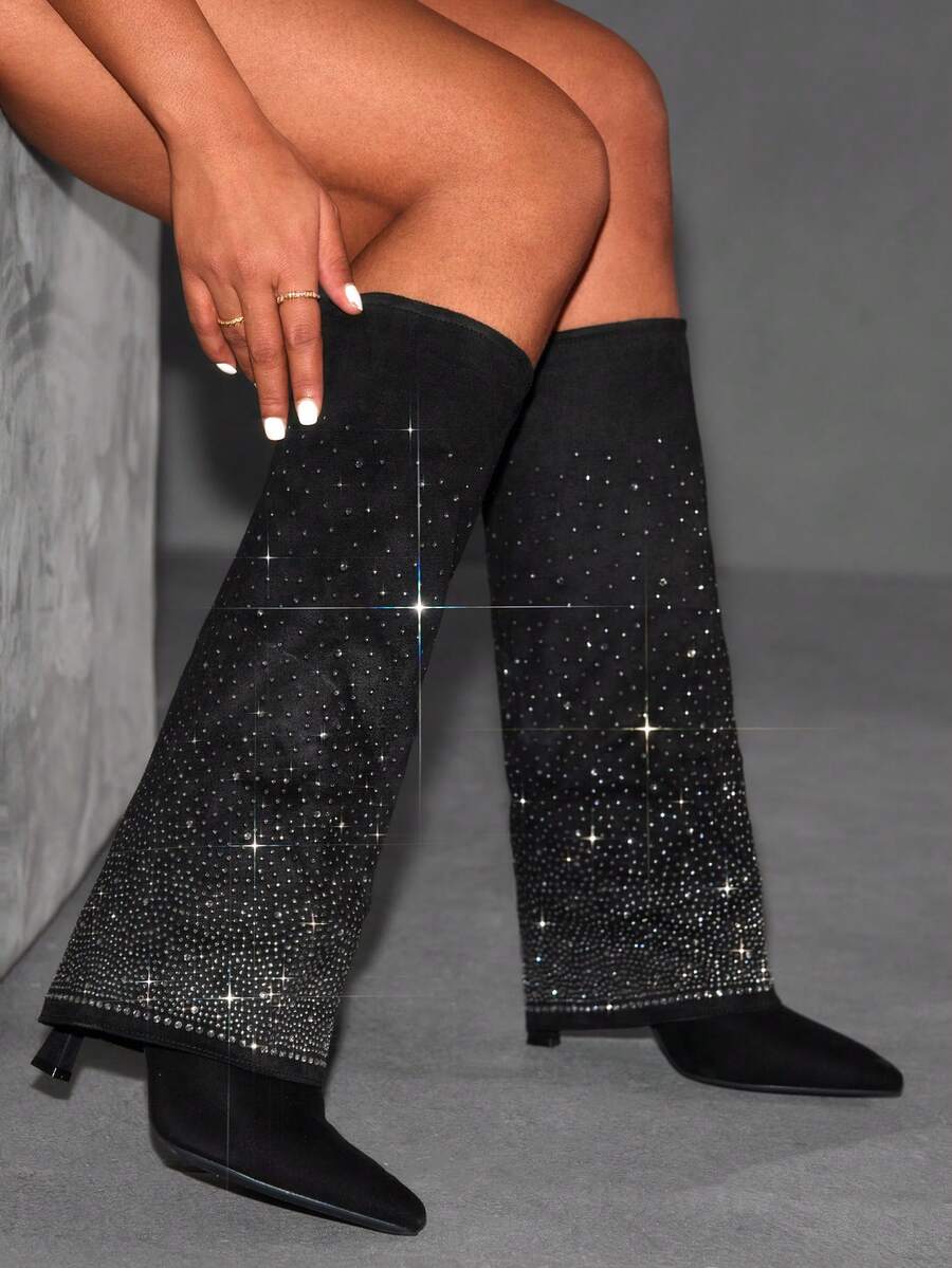 CUCCOO SZL Botas altas para mujer de tacón fino y puntera estrecha, de estilo casual y moda - Negro - Ver 1