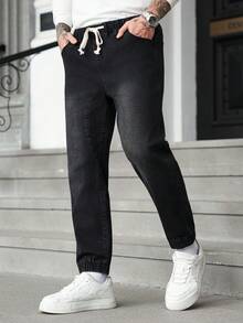 Manfinity Homme 男士抽绳腰带口袋直筒宽松休闲百搭牛仔裤 - 黑色 - 查看 5