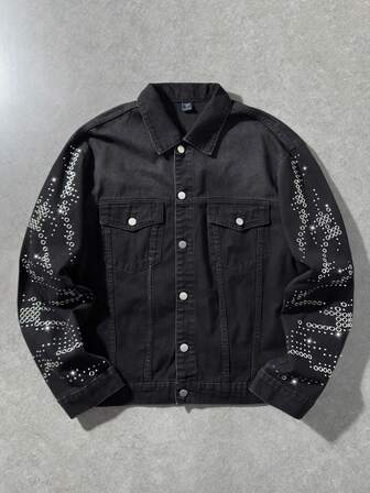 Men's Rhinestone Embellished Single-Breasted Casual Denim Jacket