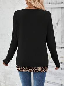 SHEIN PETITE Women's Leopard Print Patchwork V-Neck Long Sleeve Button Design Casual T-Shirt ,Petite Women - Multicolor - View 2