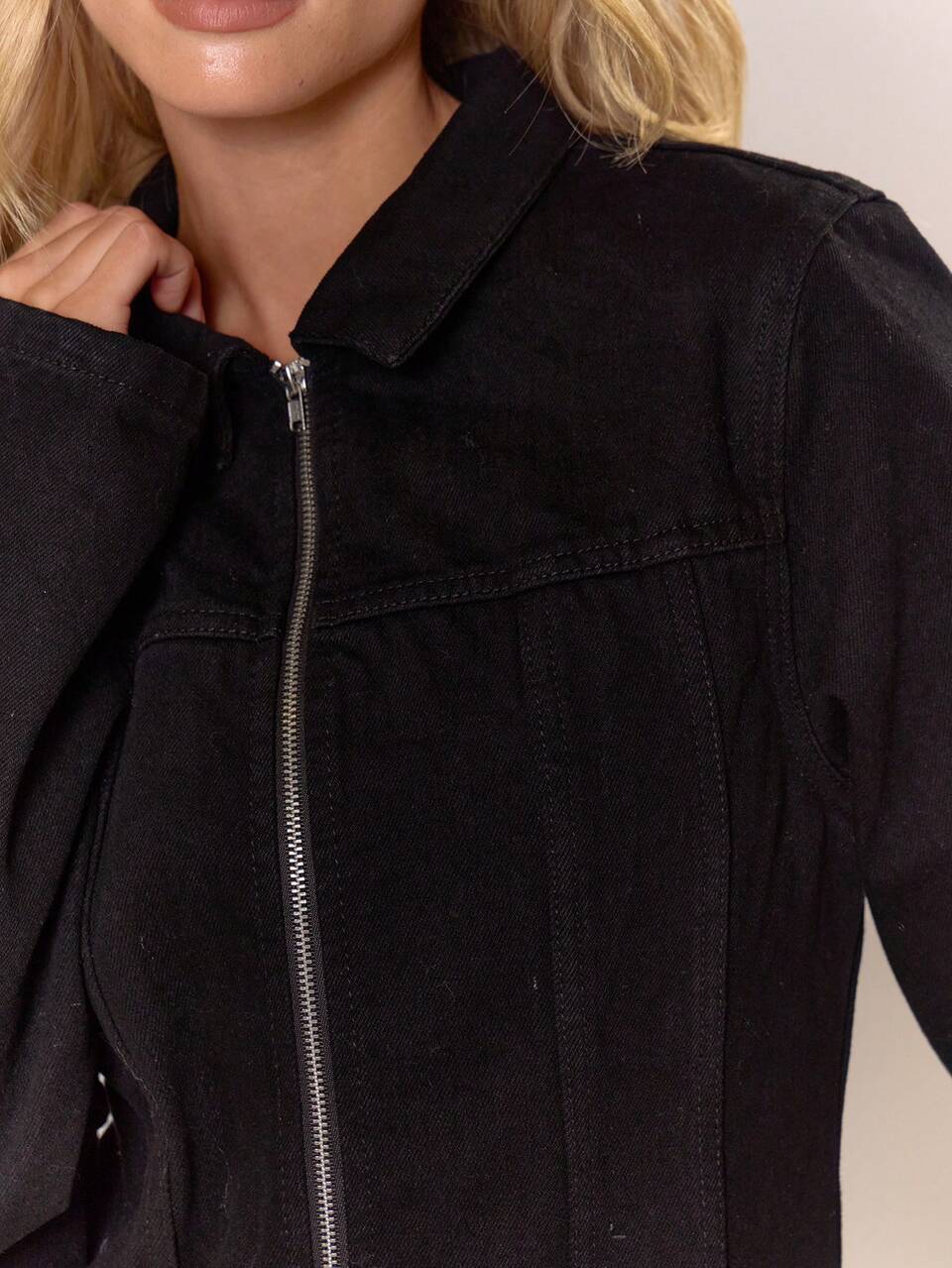 Black Washed Bleached Denim Paneled Zip Down Collared Jacket