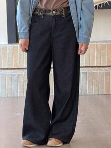 DAZY 少女拼接豹纹腰带口袋阔腿休闲牛仔裤 - 寶藍色 - 查看 6