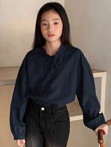 Dazy Kids 少女宽松休闲纯色长袖衬衫，秋季款 - 藏蓝色 - 查看 2