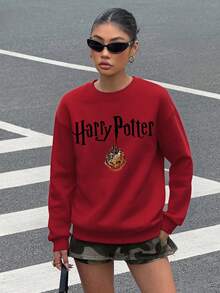 HARRY POTTER X SHEIN 女士休闲时尚街头时尚学院风动物徽章和字母印花落肩宽松羊毛套头衫，秋冬 - 白色 - 查看 5