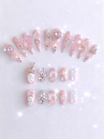 Anime 10pcs Cute Wings, Rose, Bow, Music Note, Star Element High Quality Handmade False Nails + 3pcs Double-Sided Adhesive, Y2K Style Rhinestone Pink Polka Dot White Lace Removable Manicure Stickers, Suitable For Holidays, Parties, Dancing And Daily Wear