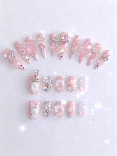 Anime 10pcs Cute Wings, Rose, Bow, Music Note, Star Element High Quality Handmade False Nails + 3pcs Double-Sided Adhesive, Y2K Style Rhinestone Pink Polka Dot White Lace Removable Manicure Stickers, Suitable For Holidays, Parties, Dancing And Daily Wear