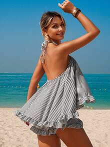 Swim Vcay 女士夏季度假沙滩新款法式休闲条纹无肩带吊带背心荷叶边露背性感泳衣罩衫