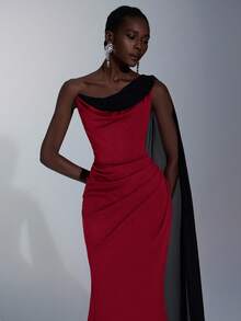 Elitara Elegante y lujoso vestido maxi con cola, de punto elástico en color café oscuro combinado con gasa plisada negra, con hombro asimétrico, manga abullonada y abertura sexy, para eventos formales de mujer - Burdeos - Ver 2
