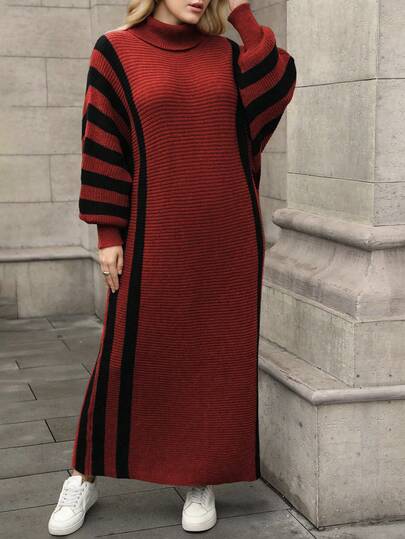 Juhart Plus Size Women Solid Color Knitted Dress, Striped Cuff High Neck Sweater Dress, Suitable For Christmas, Halloween, Back To School, Office, Vacation