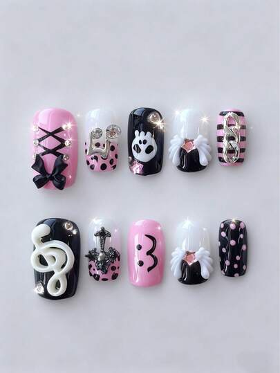 Anime 10pcs Cute Bowknot Music Note Star Element High Quality Handmade False Nails + 3pcs Double-Sided Adhesive, Y2K French Style Rhinestone Chain Polka Dot Removable Nail Art Stickers, Suitable For Holidays, Parties, Dancing And Daily Wear