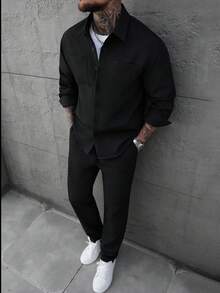 Manfinity Homme 男士秋冬小格纹经典双口袋长袖衬衫搭配弹力抽绳长裤两件套，适合休闲、办公、居家、聚会、约会、商务、驾车或骑行等各种场合，正式或非正式皆宜，自用或送礼皆宜。 - 黑色 - 查看 3