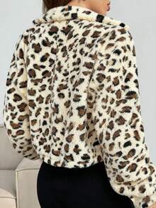 SHEIN EZwear 时尚复古豹纹蓬松宽松外套，秋冬款 - 杏色 - 查看 2