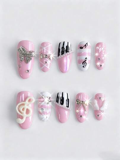 Anime 10pcs Cute Wing, Chain, Music Note, Star, Clover Element High Quality Handmade False Nails + 3pcs Double-Sided Adhesive, Y2K French Style Rhinestone Chain Polka Dot Removable Nail Art Stickers, Suitable For Holidays, Parties, Dancing And Daily Wear