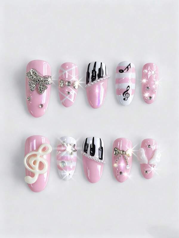 ROMWE Anime 10pcs Cute Wing, Chain, Music Note, Star, Clover Element High Quality Handmade False Nails + 3pcs Double-Sided Adhesive, Y2K French Style Rhinestone Chain Polka Dot Removable Nail Art Stickers, Suitable For Holidays, Parties, Dancing And Daily Wear