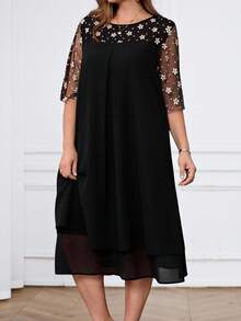 Miaspire 女式大码休闲宽松网眼拼布连衣裙 - 黑色 - 查看 4