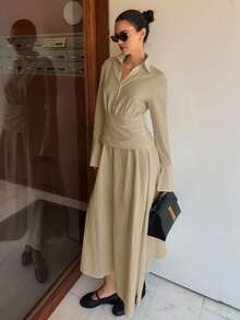 Siren Gaze 2025秋季女装新品必备——复古风纽扣衬衫裙，长袖，棉麻混纺，透气舒适，有内衬，不透光，优雅通勤装，适合商务休闲、工作、教师、日常穿着，也是秋季婚礼宾客和夜间外出的完美之选，2025秋季时尚必备单品 - 卡其色 - 查看 3