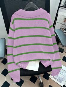 GlowEve Women's Casual Loose Striped Sweater, Autumn/Winter - Dusty Purple - View 2