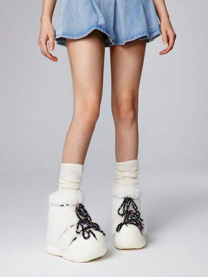 Kawaii Women's Winter Lace-Up Design Patchwork Faux Fur Casual Short Boots For Daily Wear