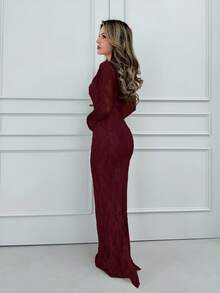 Jemour 女士秋冬新款派对/约会夜/晚会性感 S 形蕾丝长袖紧身胸衣式圆领修身长裙，黑色 - 酒紅色 - 查看 5