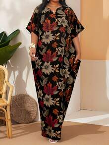 SHEIN Lady CURVE 大码女式夏季度假风印花V领拼接口袋连衣裙 - 彩色 - 查看 1