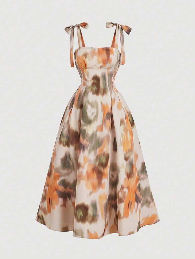 SHEIN MOD Vestido de mujer con tirantes con volantes, diseño floral abstracto vintage, apropiado para otoño/invierno, para playa, fiesta, homecoming, brunch, boda de otoño, elegante, vintage, estilo años 90, estilo cottage core, moda coreana, atuendos de crucero, estilo corpse bride, feria del renacimiento, estilo old money, en tonos verde oliva, naranja y crema con estampado floral - Multicolor - Añade 1