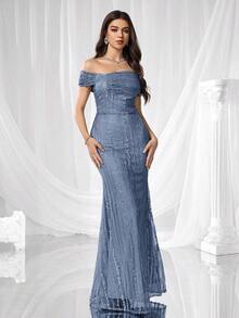 Coutiva 优雅刺绣拼接露肩连衣裙，下摆设计，正式晚礼服，适合婚礼宾客、毕业典礼、派对、圣诞节、秋冬季节、情人节等场合穿着。 - 霧霾藍 - 查看 3