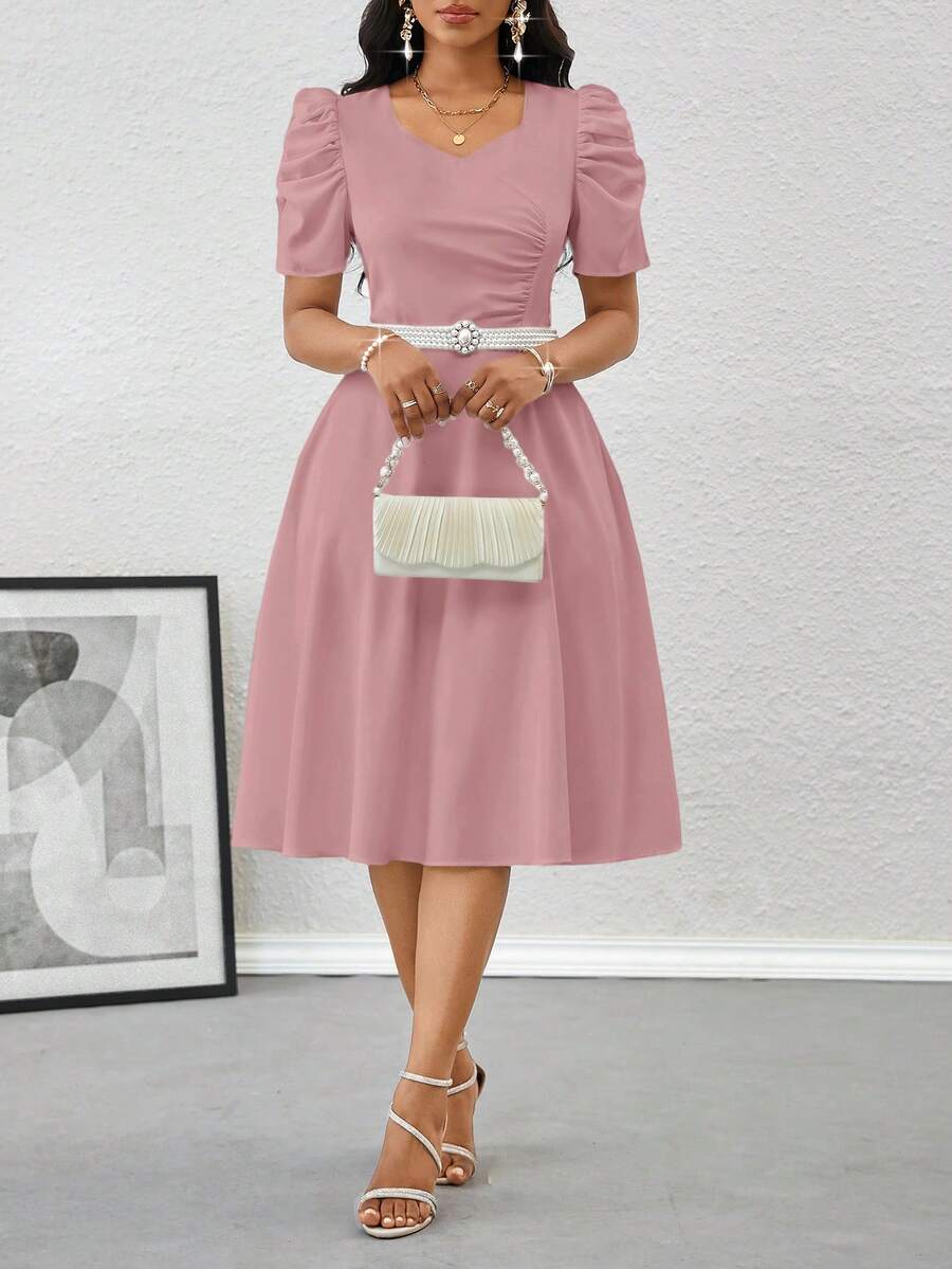 SHEIN Lady Đầm dự tiệc tay bồng màu trơn thanh lịch dành cho nữ - Hồng - Xem 1