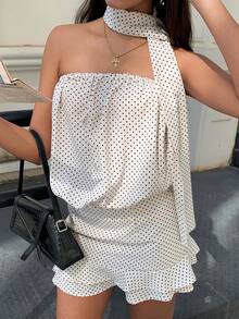 Almamuse Black Polka Dot Bandeau Top & Skirt Set, Elegant For Women, Spring/Autumn White Polka Dot Dress Polka Dot Top White White Top - Black and White - View 1